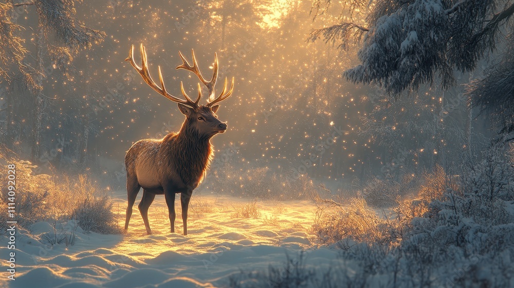 Majestic large deer with shimmering golden antlers standing gracefully in a serene snow-covered forest Majestic large deer with shimmering golden antlers standing gracefully in a serene snow-covered forest