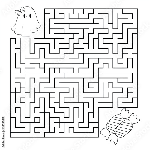 Christmas maze for children, funny dog looking for gifts. Coloring page. Vector illustration.