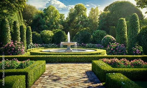 A serene garden with a fountain surrounded by lush greenery and colorful flowers.