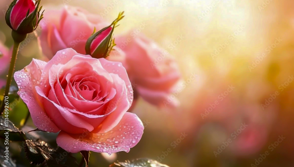 Elegant roses adorned with morning dew, softly glowing under the warm light of sunrise, creating a serene and peaceful scene. Elegant roses adorned with morning dew, softly glowing under the warm light of sunrise, creating a serene and peaceful scene.