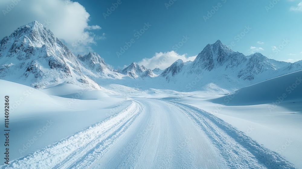 Snow-covered mountain road with a clear blue sky, winter adventure Snow-covered mountain road with a clear blue sky, winter adventure