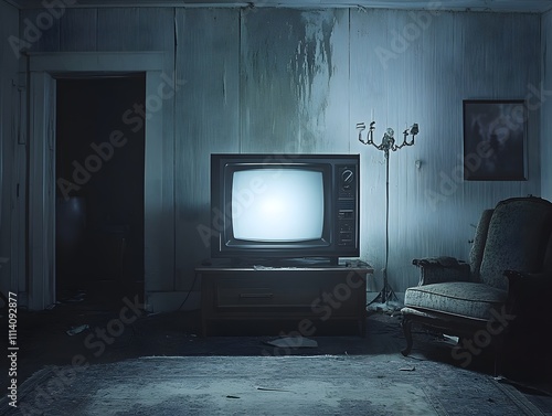 Tv in a dark creepy living room, movie night