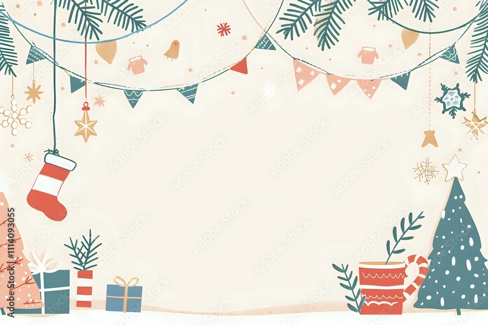 Fototapeta premium Celebrate the Festive Season: A Whimsical Winter Wonderland Design Featuring Christmas Trees, Presents, and Holiday Decorations
