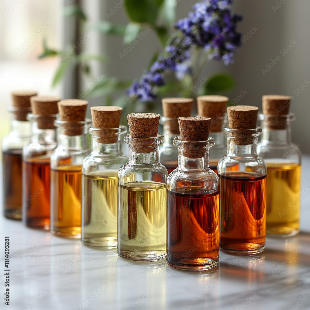A set of essential oils in small glass bottles A set of essential oils in small glass bottles