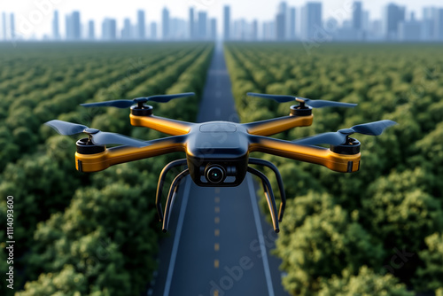 A drone flying over a road in the middle of a forest