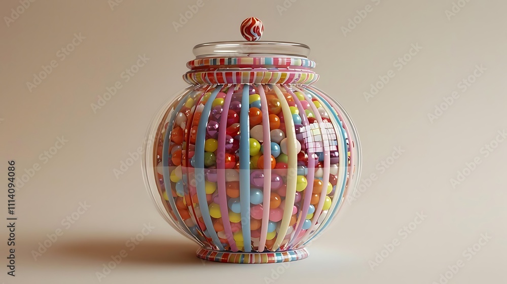 Colorful gumballs in a glass jar with striped lid. Colorful gumballs in a glass jar with striped lid.
