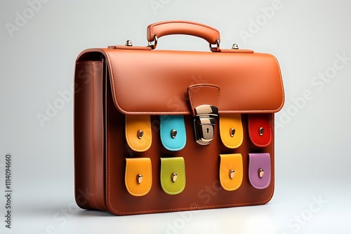 Brown leather briefcase with colorful pockets isolated on white background. photo