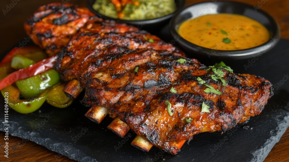 Grilled Barbecue Ribs with Sauces and Vegetables on Slate Board Grilled Barbecue Ribs with Sauces and Vegetables on Slate Board