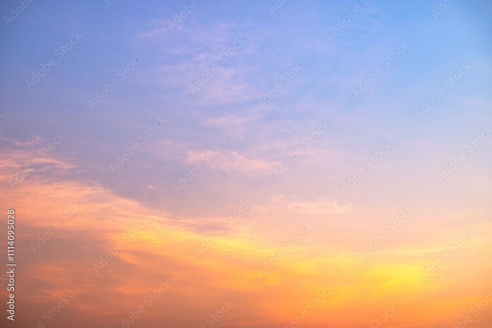 Fototapeta premium Sky, Sunset, Sunrise, like a bright golden and blue sky. The sunrise is decorated with clouds in various shapes, everning,Twilight, Large size, High definition landscape photo