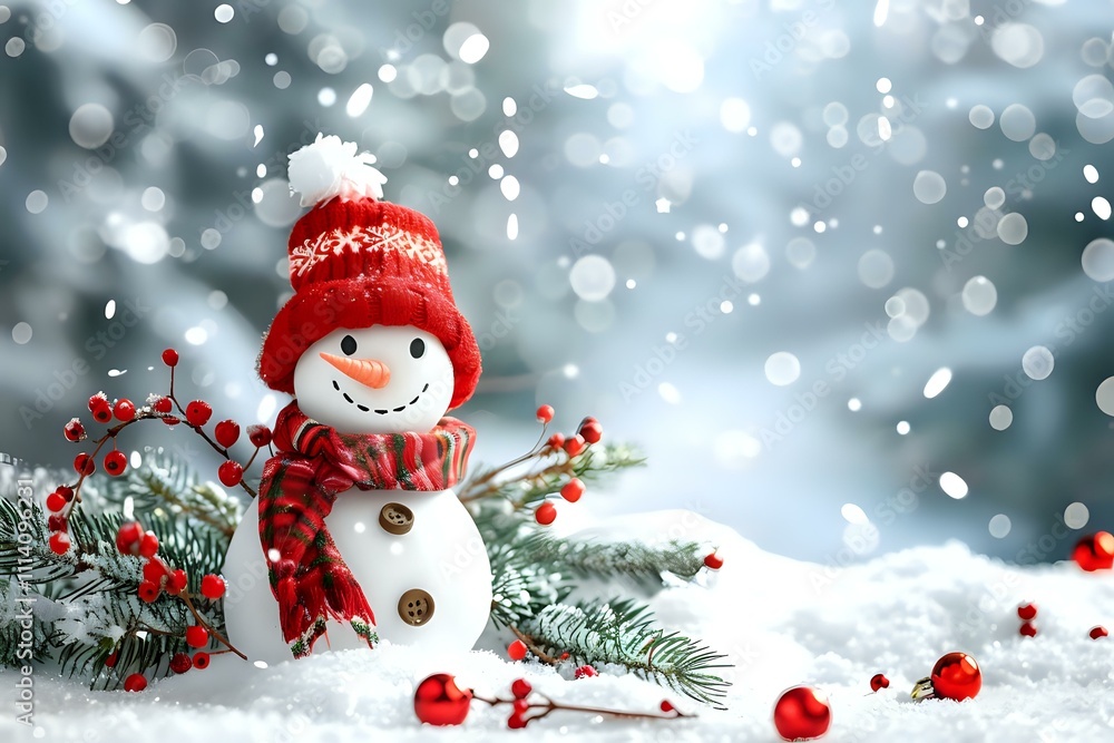 Winter Wonderland: A Festive Snowman in Snowy Landscape with Red Berries and Ornaments, Embracing the Joy of the Season's Greetings and Celebrating the Spirit of Winter Festivities. Winter Wonderland: A Festive Snowman in Snowy Landscape with Red Berries and Ornaments, Embracing the Joy of the Season's Greetings and Celebrating the Spirit of Winter Festivities.