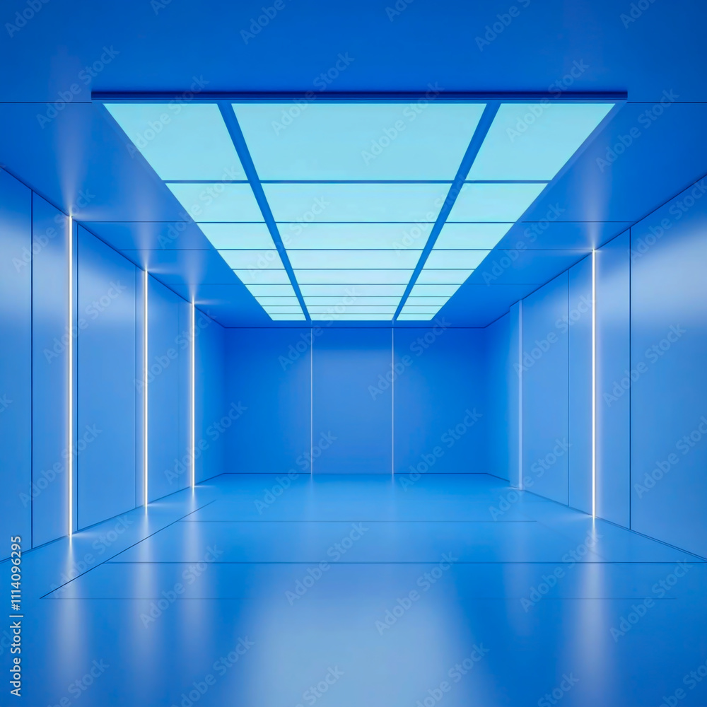 Fototapeta premium High-resolution 3D render of a modern blue room featuring square patterns on the floor and ceiling with a minimalist background captured in a wide-angle shot for a sleek, contemporary aesthetic.