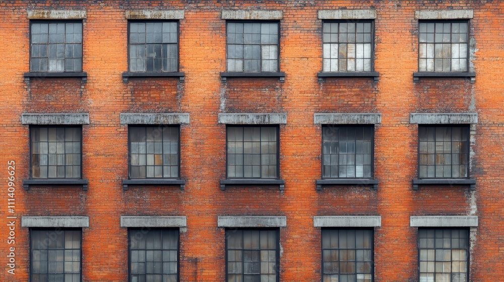 Fototapeta premium Old brick wall showing multiple windows on building facade, architectural detail background