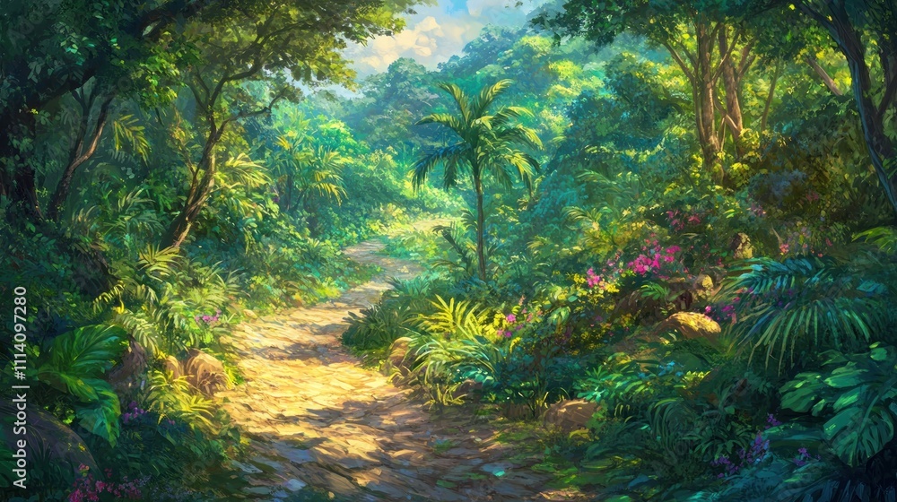 Lush Tropical Path Winding Through Verdant Jungle Lush Tropical Path Winding Through Verdant Jungle