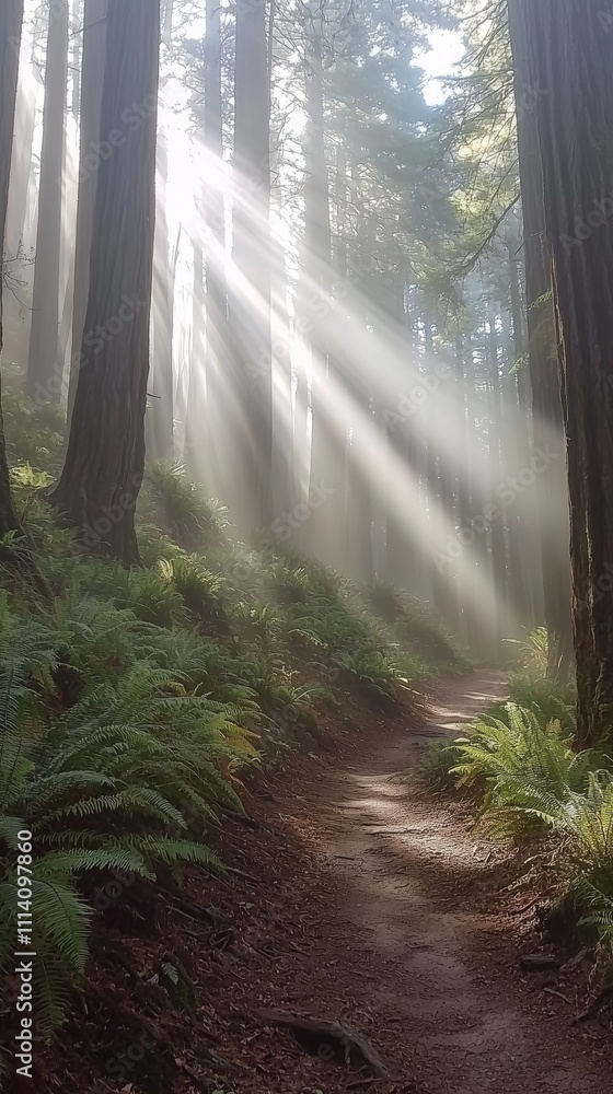 Obraz premium Sunlight Rays Through Trees in Misty Forest Pathway