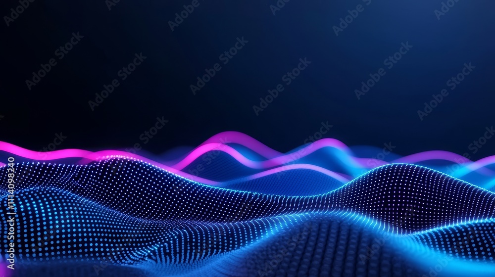 A digital landscape with neon waves and data points representing innovation and technology. A digital landscape with neon waves and data points representing innovation and technology.