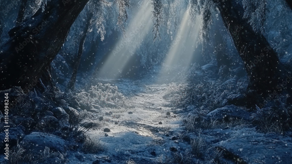 Snowy Forest Path Winter Sunlight Scene Snowy Forest Path Winter Sunlight Scene