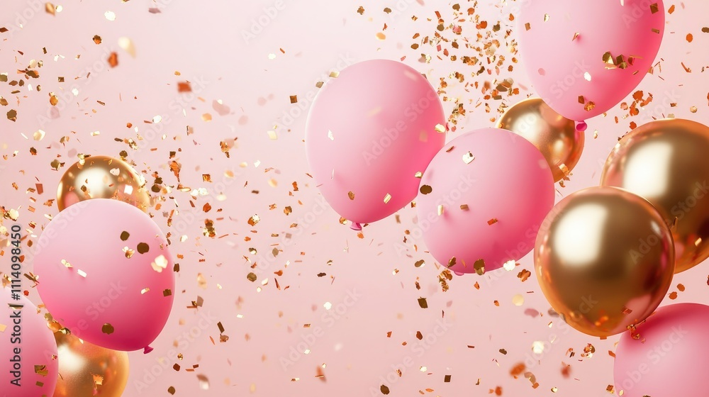 Celebration banner with gold confetti and balloons Celebration banner with gold confetti and balloons