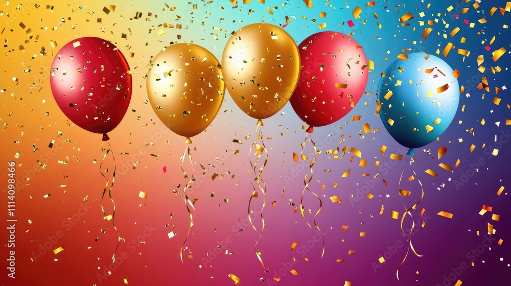 Celebration banner with gold confetti and balloons Celebration banner with gold confetti and balloons