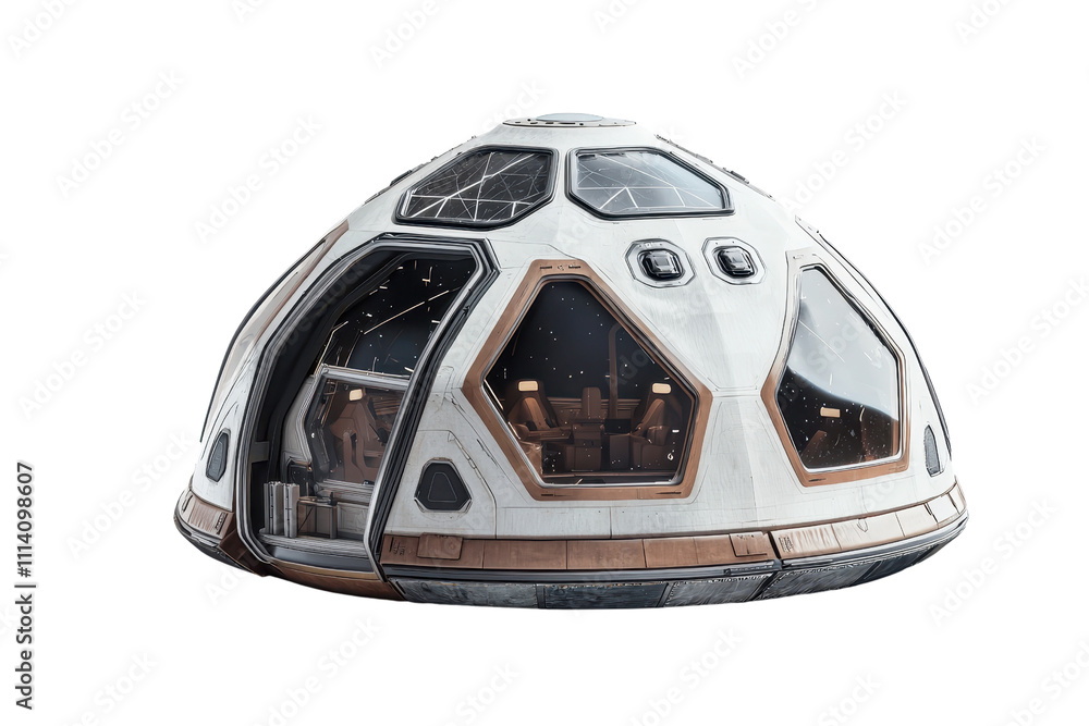 Fototapeta premium A futuristic spacecraft with a domed shape and hexagonal windows, designed for space exploration.