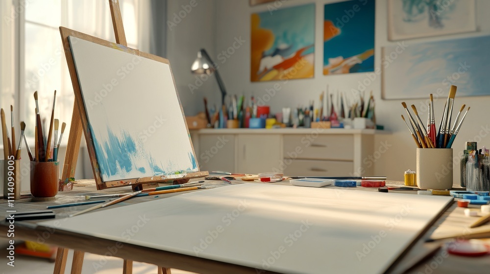 Naklejka premium Creative artist's desk with hand tools, paintbrushes, and colorful paints