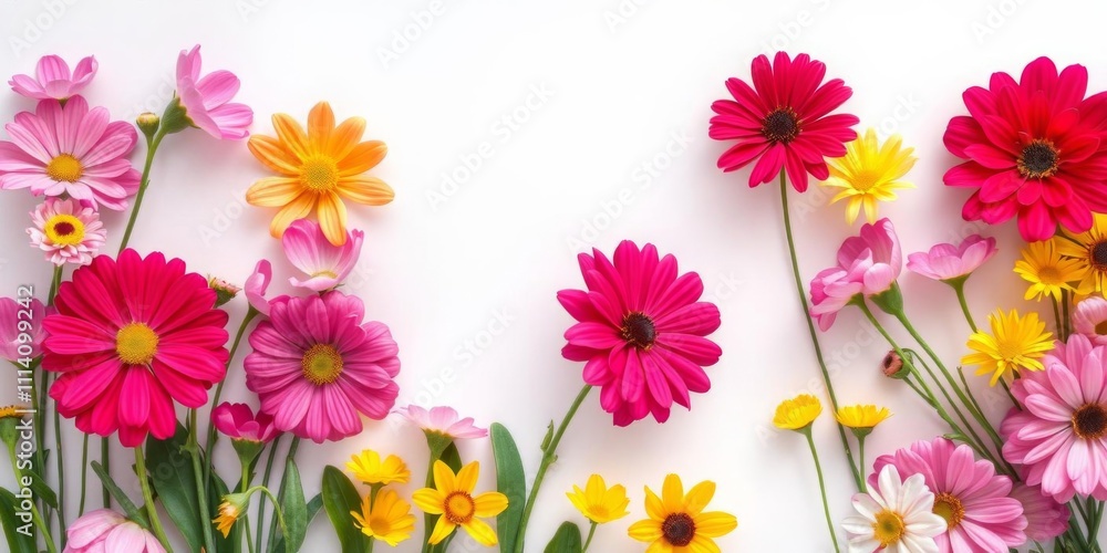 Colorful flowers creating frame on white background with space for text, spring, garden, flowers Colorful flowers creating frame on white background with space for text, spring, garden, flowers