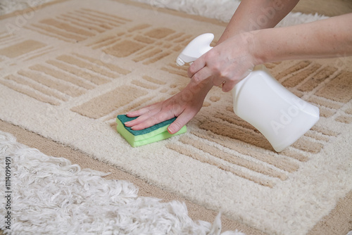 Close up of Woman Hands Cleaning Stain on Carpet. Cleaning Removing Old Stains from Carpet. Mock-up Plastic Spray Bottle for Chemical and Cleaning Solutions