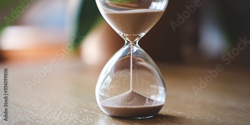 A close-up of an hourglass with sand flowing through. This image evokes a sense of time passing, the preciousness of each moment, and the inevitable flow of life. photo