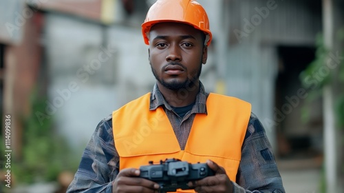 Focused Construction Worker Operating Drone photo