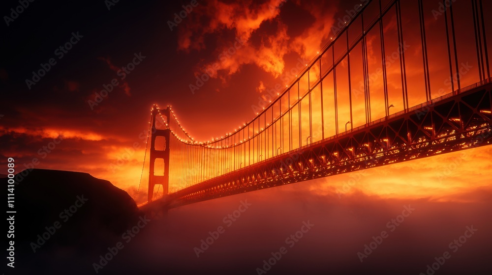 Fototapeta premium Golden Gate Bridge at Sunset Amidst Fog