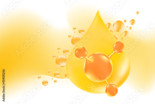 Glowing golden 3d hair oil drop or collagen droplet molecule formula, with liquid bubbles or particles. Hyaluronic acid serum chemical formula wallpaper with copy space. Beauty treatment, cosmetics