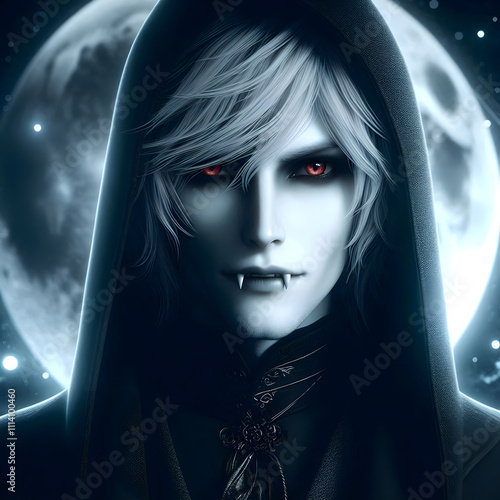 Portrait of a vampire in a hooded cloak with fangs and red eyes on the background of the moon and stars with selective focus. Vampire with red eyes and fangs. Vampire in the cloak photo