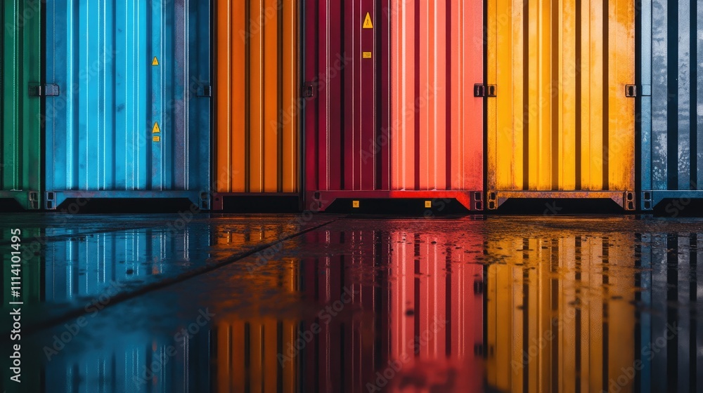 Obraz premium Close-up of multi-colored cargo containers stacked symmetrically, reflections on wet pavement after rain, [cargo containers], [logistics and transport]