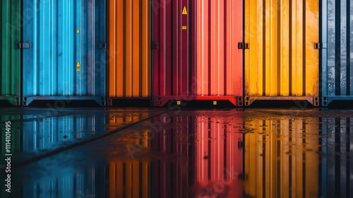 Close-up of multi-colored cargo containers stacked symmetrically, reflections on wet pavement after rain, [cargo containers], [logistics and transport]