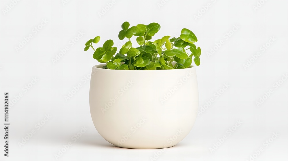 Minimalist white pot with green foliage on white background Minimalist white pot with green foliage on white background