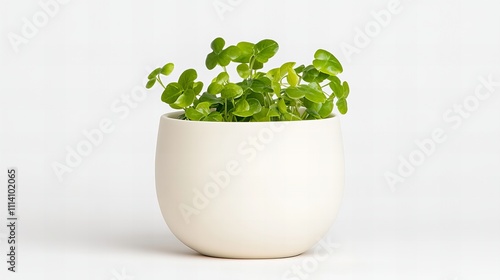 Minimalist white pot with green foliage on white background