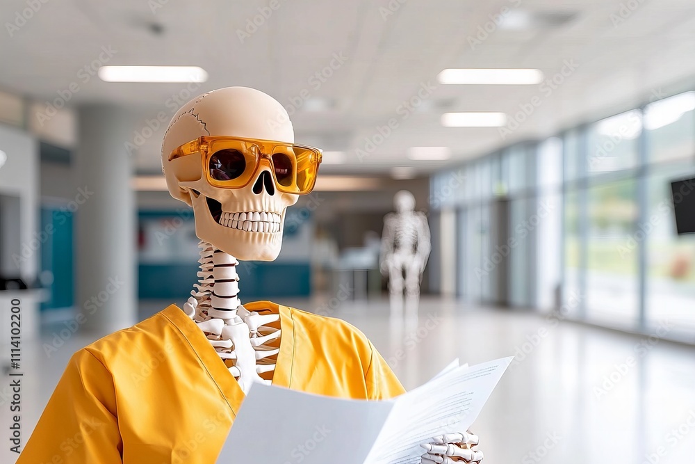 Skeleton reading papers in hospital lobby with orange sunglasses Skeleton reading papers in hospital lobby with orange sunglasses