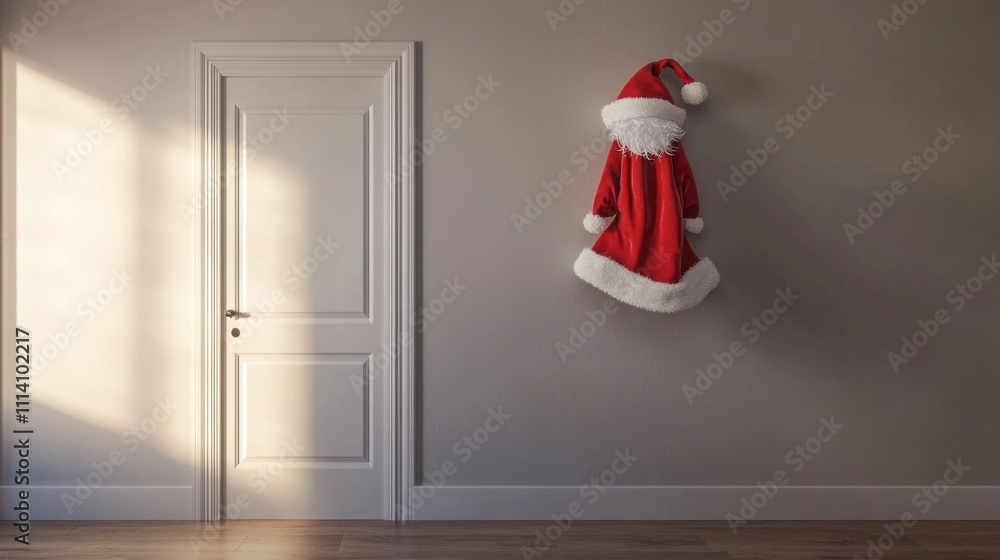 Fototapeta premium A vibrant red Santa Claus suit hangs neatly by a white door in a warm, inviting room. Soft sunlight streams through the window, casting gentle shadows on the wooden floor