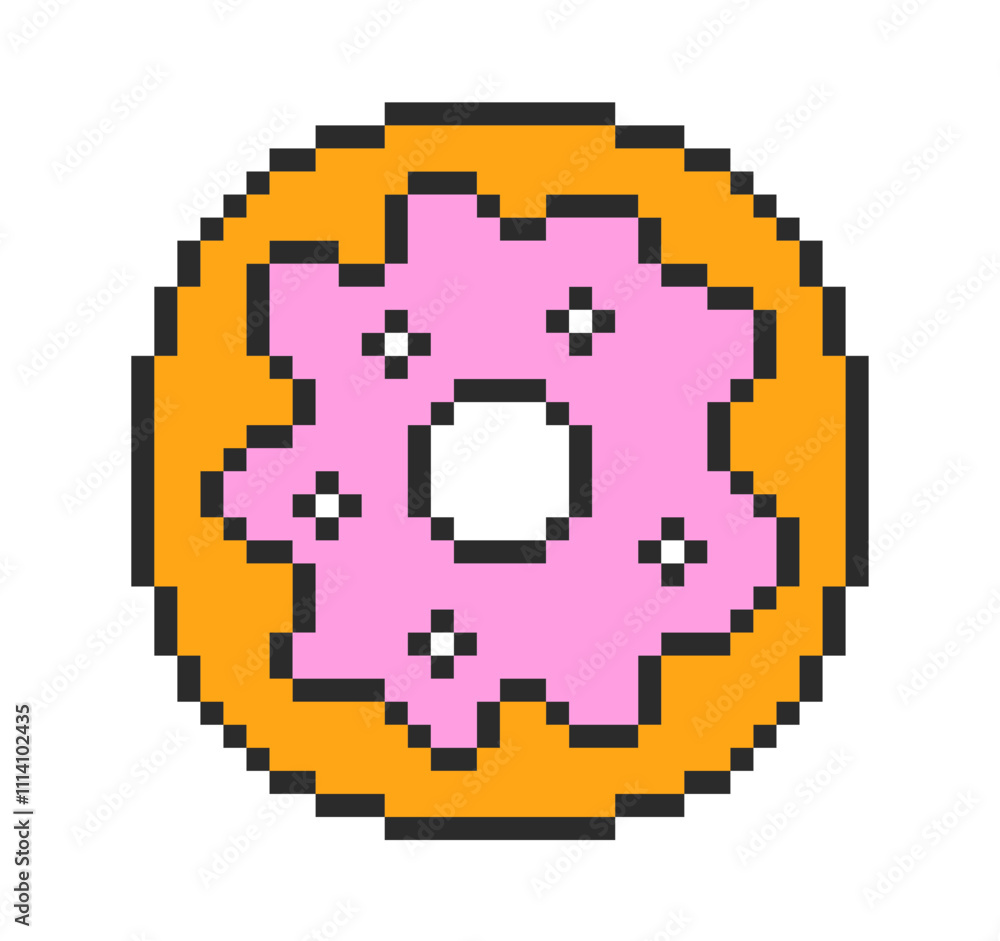Donut with pink glaze in pixel art style. Vector illustration. Donut with pink glaze in pixel art style. Vector illustration.