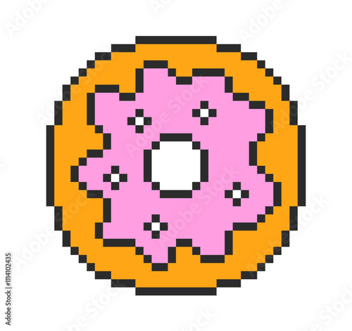 Donut with pink glaze in pixel art style. Vector illustration.