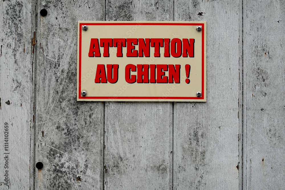 Pancarte attention au chien affichée sur une porte Pancarte attention au chien affichée sur une porte