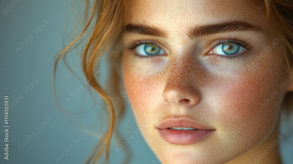Close-up portrait of a young woman with striking blue eyes and natural makeup showcasing her freckles and wavy hair. Generative AI Close-up portrait of a young woman with striking blue eyes and natural makeup showcasing her freckles and wavy hair. Generative AI