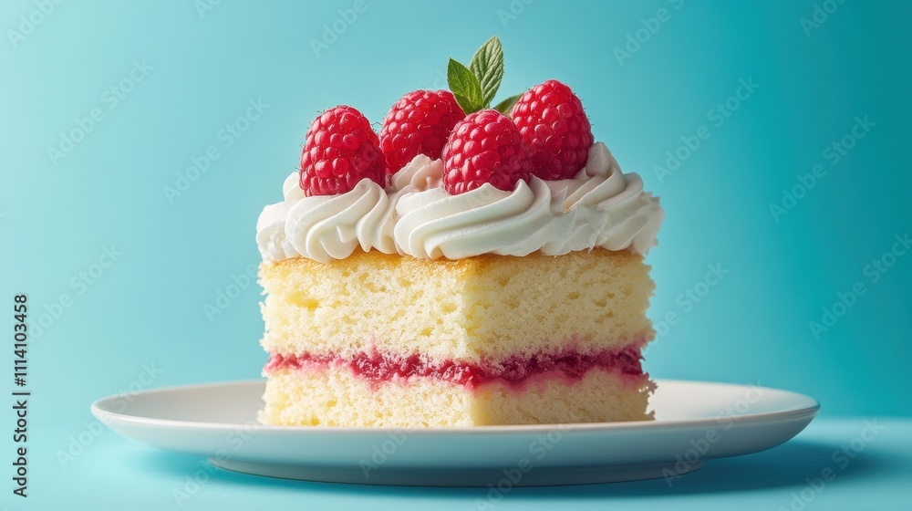 Delicious sponge cake topped with raspberry and vanilla cream, elegantly displayed on a white plate against a vibrant blue background Delicious sponge cake topped with raspberry and vanilla cream, elegantly displayed on a white plate against a vibrant blue background