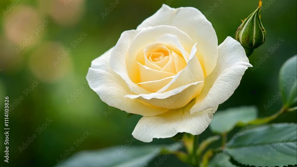 Close-up of a single pale yellow rose in bloom with a bud, set against a blurred green background. Close-up of a single pale yellow rose in bloom with a bud, set against a blurred green background.