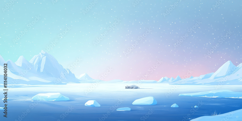 Fototapeta premium A serene frozen lake in the Arctic, with snow-covered icebergs floating on the surface, polar bears resting in the distance, and the faint glow of the aurora borealis. The pristine and tranquil