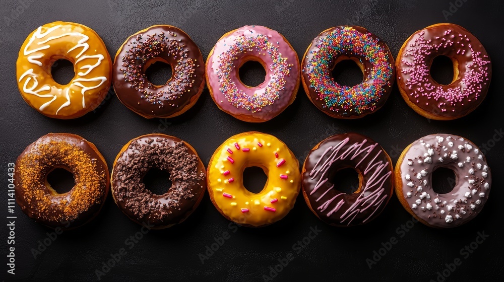 Delicious Variety of Glazed and Sprinkled Donuts Isolated on a Black Background, Top View Delicious Variety of Glazed and Sprinkled Donuts Isolated on a Black Background, Top View