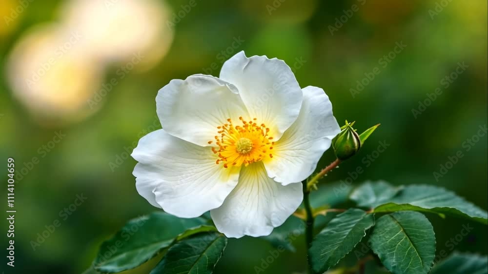 Close-up of a single white rose flower with yellow center, blooming on a green bush. Close-up of a single white rose flower with yellow center, blooming on a green bush.