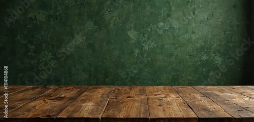 wooden rustic table over green wall background. Kitchen mock up for design and product display
