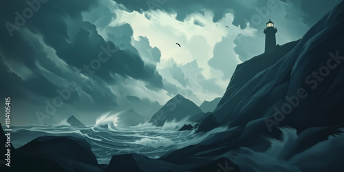 A dramatic stormy coastline, with dark clouds rolling in, waves crashing violently against jagged rocks, and a lone lighthouse standing steadfast amidst the chaos. The powerful and raw setting feels