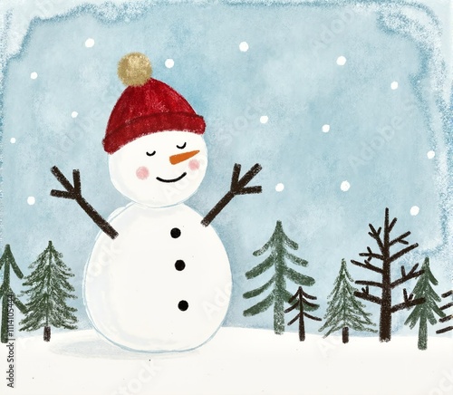 Cute and cheerful snowman in a winter scene, drawn with charcoal and pastels. In the background, there are trees and snowflakes falling from the sky. 