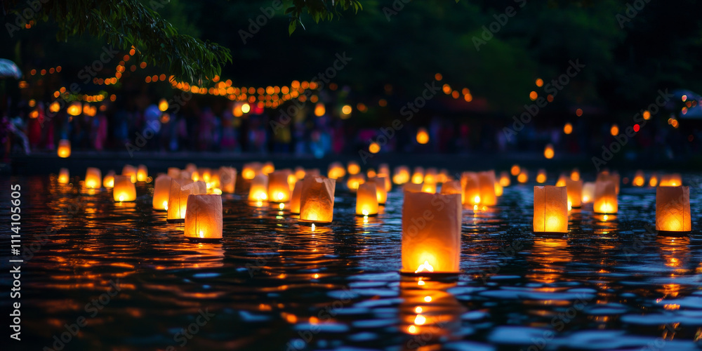 A vibrant festival of lights along a riverbank, with floating lanterns glowing softly, people gathered in celebration, and the reflection of light dancing on the water. The magical and festive setting A vibrant festival of lights along a riverbank, with floating lanterns glowing softly, people gathered in celebration, and the reflection of light dancing on the water. The magical and festive setting